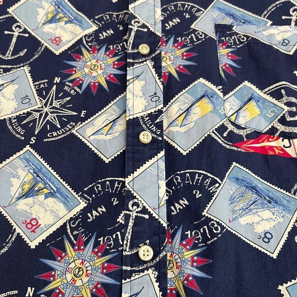 Chaps Mens Travel Stamp Blue Short Sleeve Button Down Shirt, Chaps Button Up S19